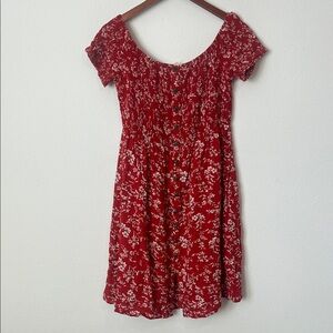 BOUTIQUE Orange Floral Button Front Smocked Off Shoulder Dress